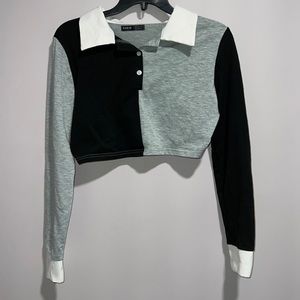 M shein colorblock long sleeve collared crop top